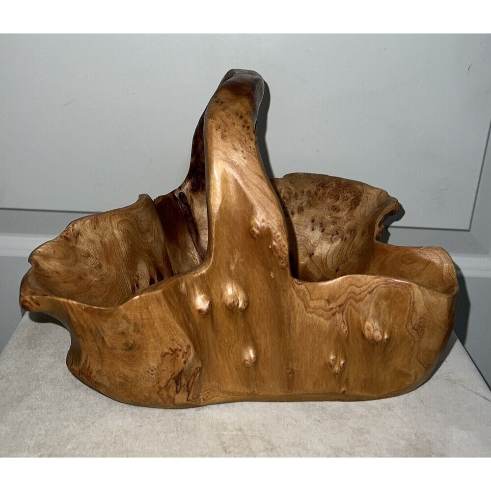 Vintage Live-edge Organic Handled Wood Bowl Basket, 6.5”Hx9.5”Wx3”D
